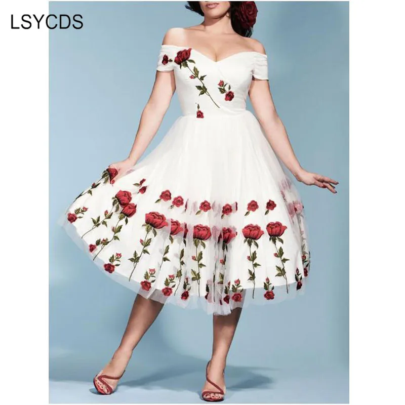Летние белые кружевные платья, сексуальное Сетчатое Повседневное платье с вырезом лодочкой и вышивкой розы для вечеринки, рокабилли, 50s 60 s, винтажные Ретро платья