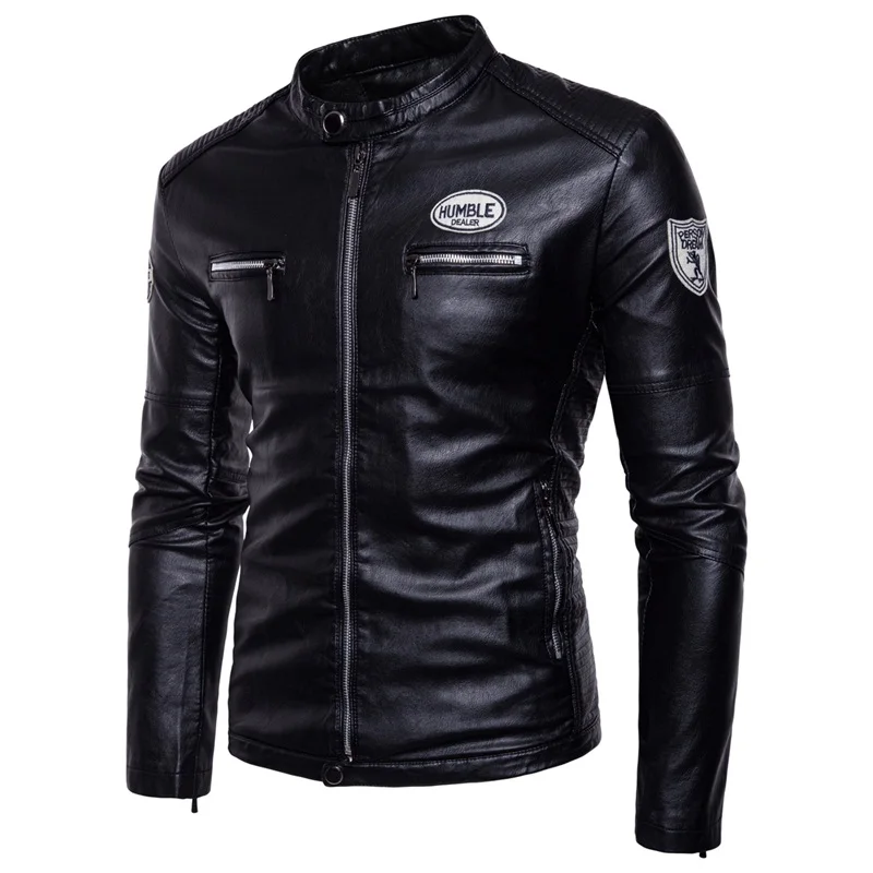 2018 Autumn and Winter Fashion New Men's Casual Stand Collar Leather Jacket / Zipper Plus Velvet Thick Warm Coat | Мужская одежда