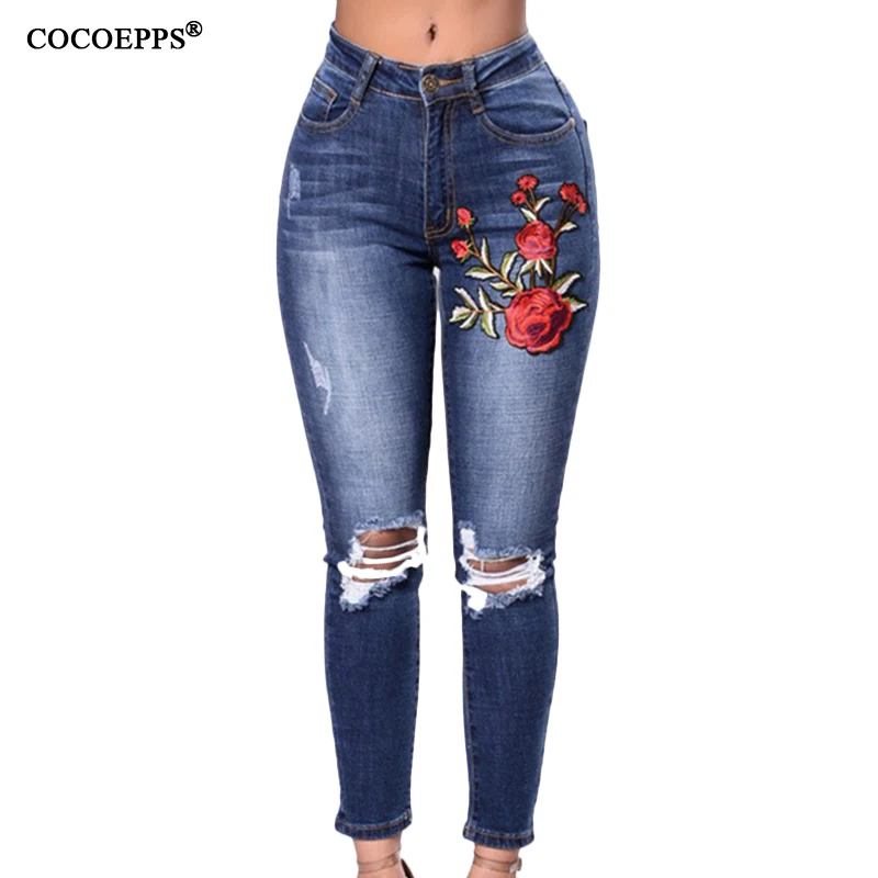 2017 Plus Size Embroidery Women Pants Large Size Sexy Ragged jeans