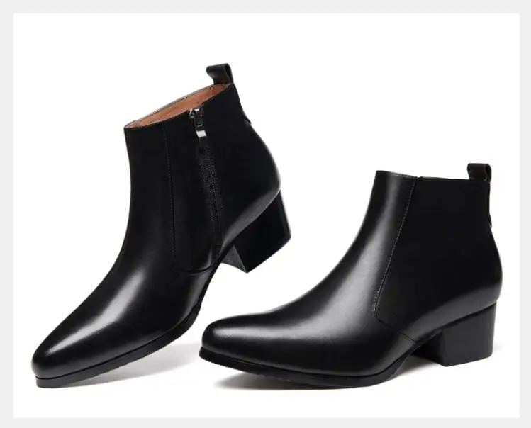 Autumn winter mens pointed toe genuine leather ankle boots men high heels quality wedding dress shoes career work boots botas 44