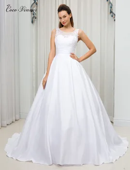 

C.V Vintage Elegant Ball Gown Satin Wedding Dresses New Boat Neck Lace Appliques Ruched Simple Bright Wedding Gown W0204