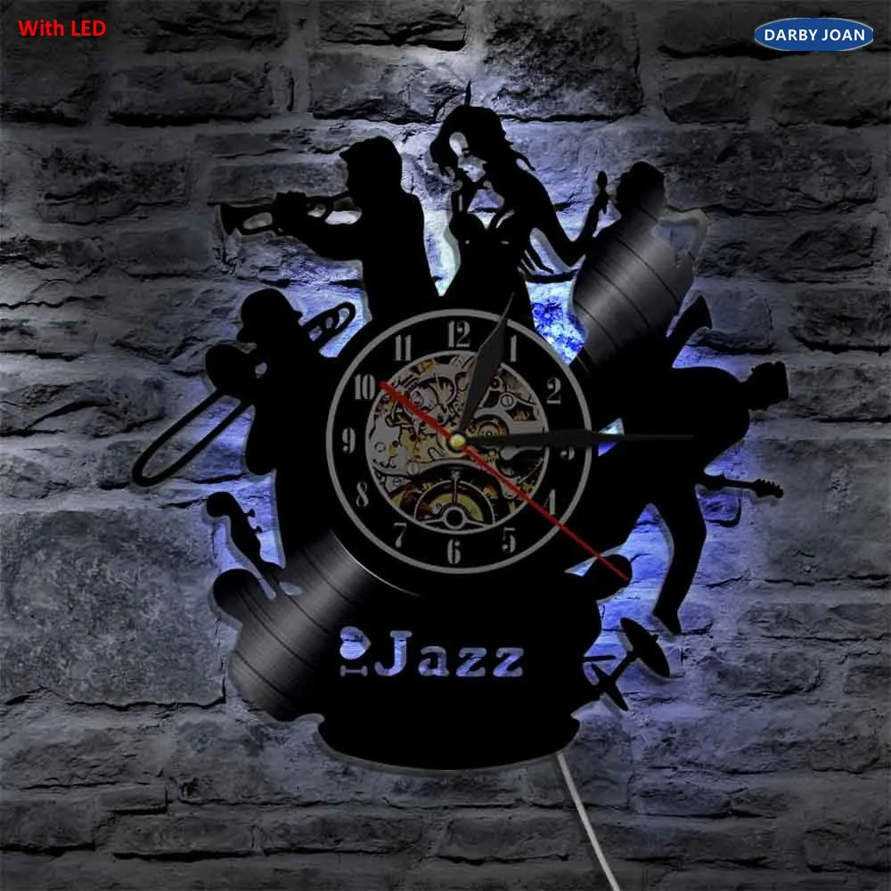 ジャズ楽器シルエットledバックライト現代ライト壁ビニールクロック家の装飾アートランプリモコン Clock Home Decor Vinyl Clockclock Home Aliexpress