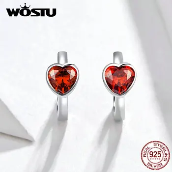

WOSTU Valentine Hearts Red Crystal Hoop Earrings 925 Sterling Silver Circle Small Earrings For Women Statement Jewelry FNE084