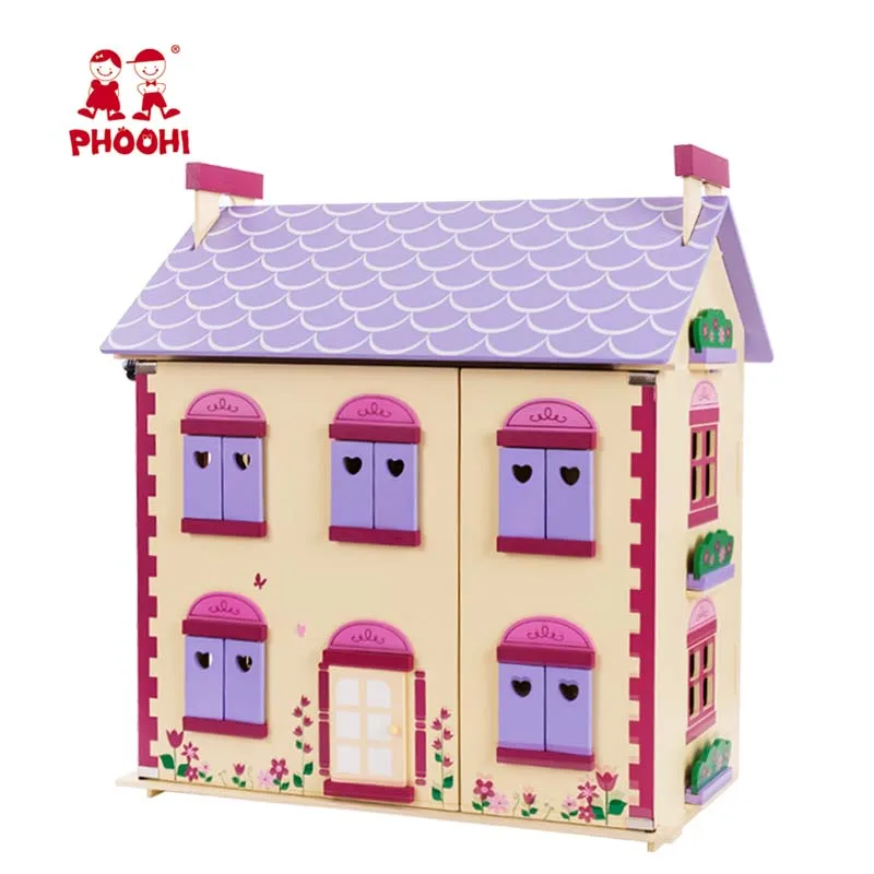 

Wooden Doll House Toy Flower Purple Romantic Dollhouse Kids Role Play Game With Four Miniature Furniture Set PHOOHI