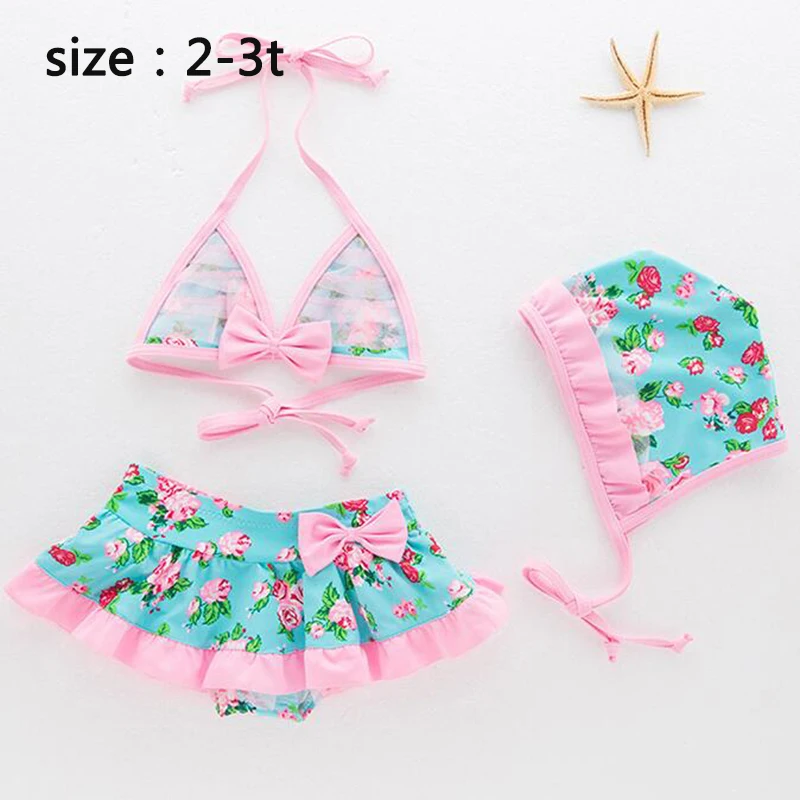 Комплект из 2 предметов, новая летняя коллекция детской одежды Swinsuit для маленьких девочек 3 предмета купальник-бикини с цветочным принтом комплект для купания, детские купальные костюмы, купальники - Цвет: pink 3t