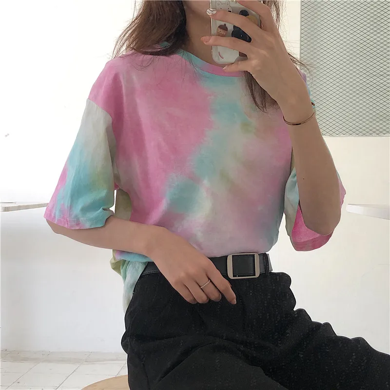 CBAFU tie dye футболка женская летняя топ Корейская одежда Повседневная Свободная футболка femme ulzang топы с принтом Лоскутная футболка D559