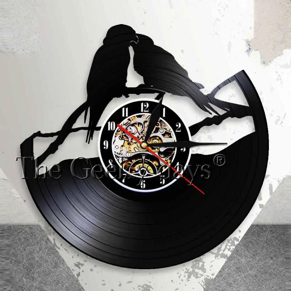 Parrots On Branch Vinyl Record Clock Parrot Couple Aviary Wall Decor Art Clock Birds Wall Clock