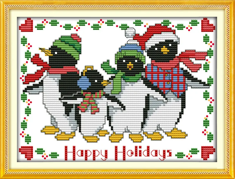 Christmas Penguins Counted Cross Stitching 11CT Printed Handmade Cross