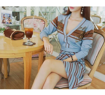 

2018 Autumn Winter Casual Fashion V-neck Long Sleeve Knitted Sweater Top and Striped Knitted Skirt Women Clothing Set