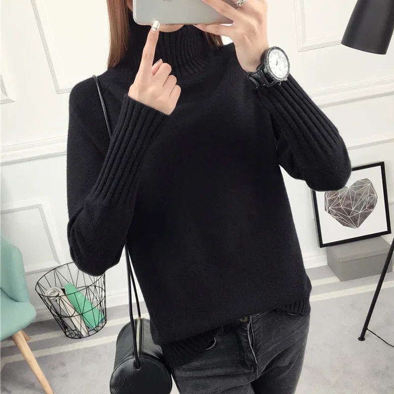 Knitted Sweater Female Autumn Winter Solid Color Loose Harajuku Long-sleeved High Collar Bottoming Pullover Sweater Women Tops Sweaters
