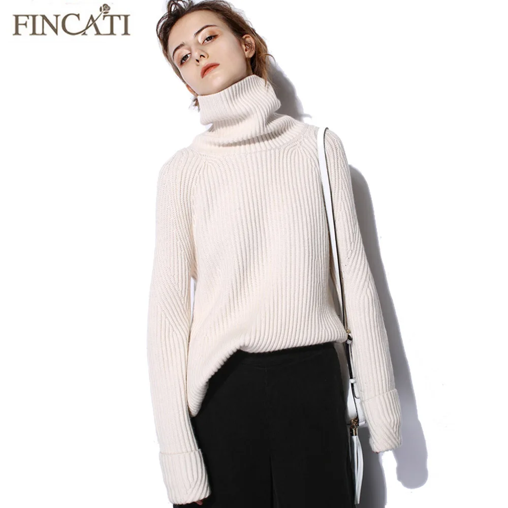 

Women Pure Cashmere Sweater 2018 Fincati Fluffy Notched Hem Asymmetrical Length Turtleneck Soft Thicken Winter Spring Pulls