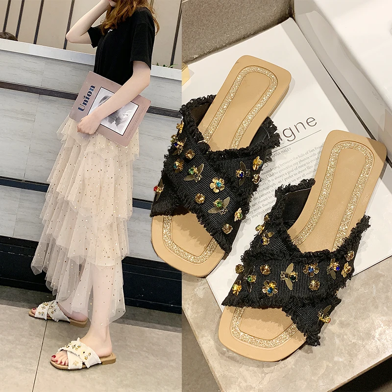 

2019 Summer New Women Slides Slippers Shoes Canvas Rhinestone Crystal Platform Slippers Peep toe Casual Beach Slippers