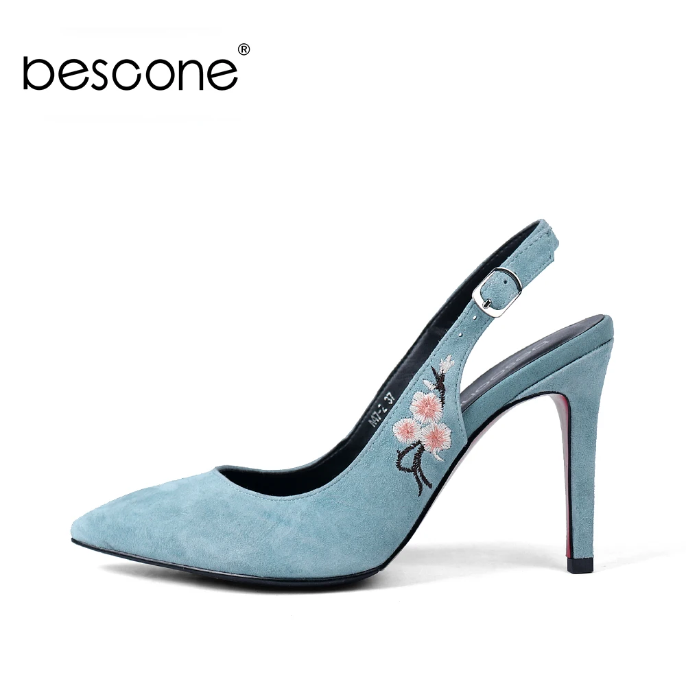 BESCONE مثير وأشار اصبع القدم صناديل للنساء عالية الجودة طفل الجلد المدبوغ طرز ل أحذية نسائية 10 سنتيمتر رقيقة كعب مشبك حزام الصنادل A47