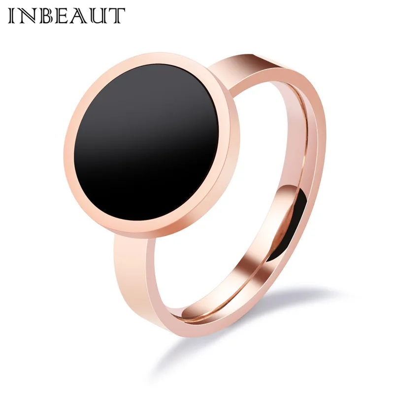 

INBEAUT Luxuious Classic Big 13MM Rose Gold Polished Titanium Round Black Enamel Ring for Women Simple Fashion Wedding Rings
