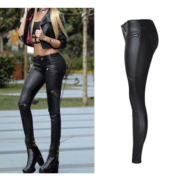 2017 Spring Fashion Women Brand Clothing Sexy Coated Jeans Pants Spliced Faux PU Leather Pants Fitness Lady Long Legging Pants (6)