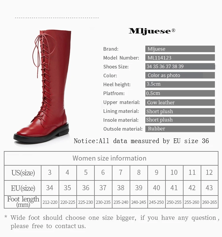 MLJUESE/; женские сапоги до колена из коровьей кожи; Цвет Красный; зимние короткие плюшевые сапоги на шнуровке на низком каблуке с круглым носком; высокие вечерние сапоги