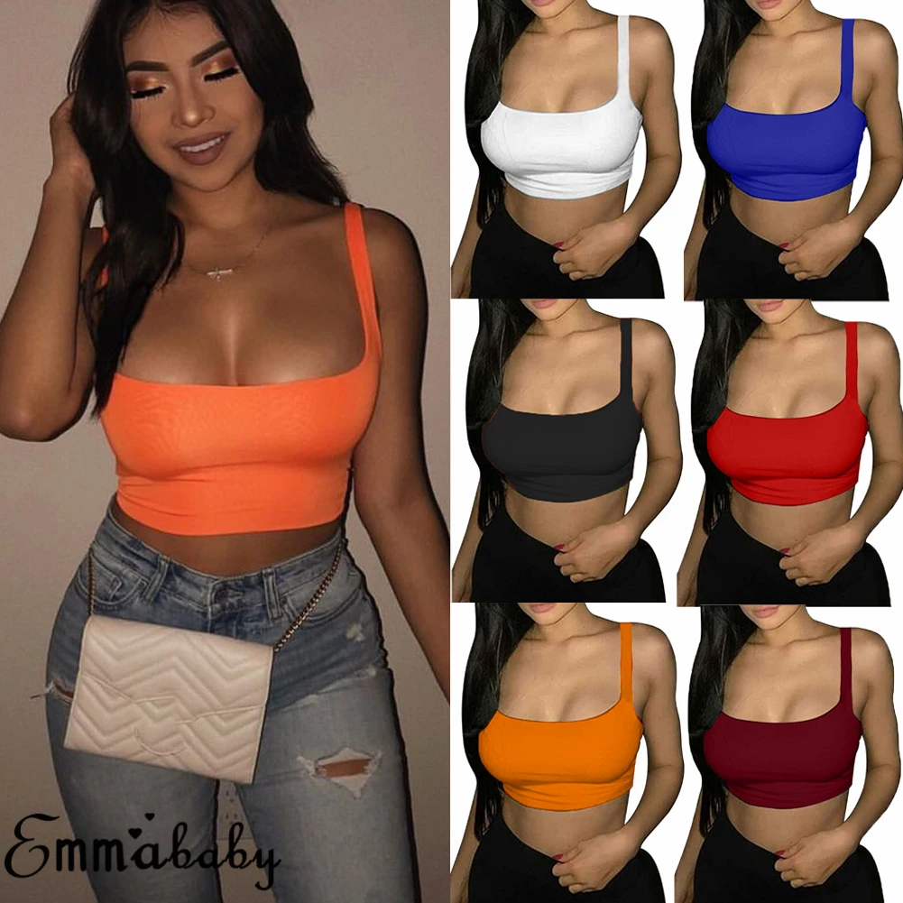 Sexy Women Solid Strappy Tank 2020 Vest Crop Top Summer Beach Party Sleeveless Slash Neck Tanks Woman Girls Bralette Tank Top