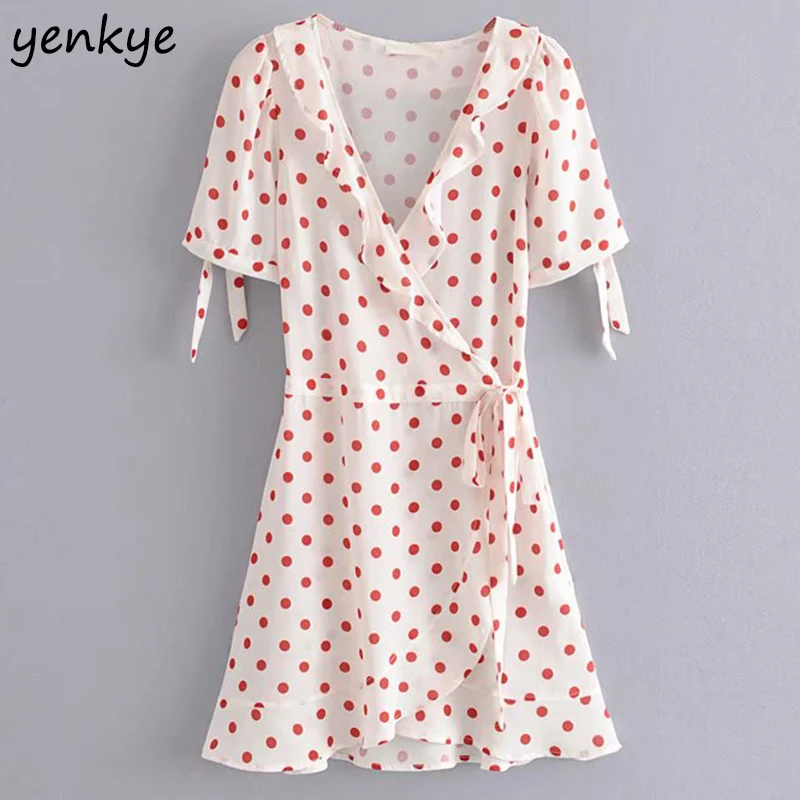 

Women Red Polka Dot Ruffle Dress Sweet Lady Cross V Neck Short Sleeve Mini A-line Summer Dress 2019 vestidos LJPZ6011