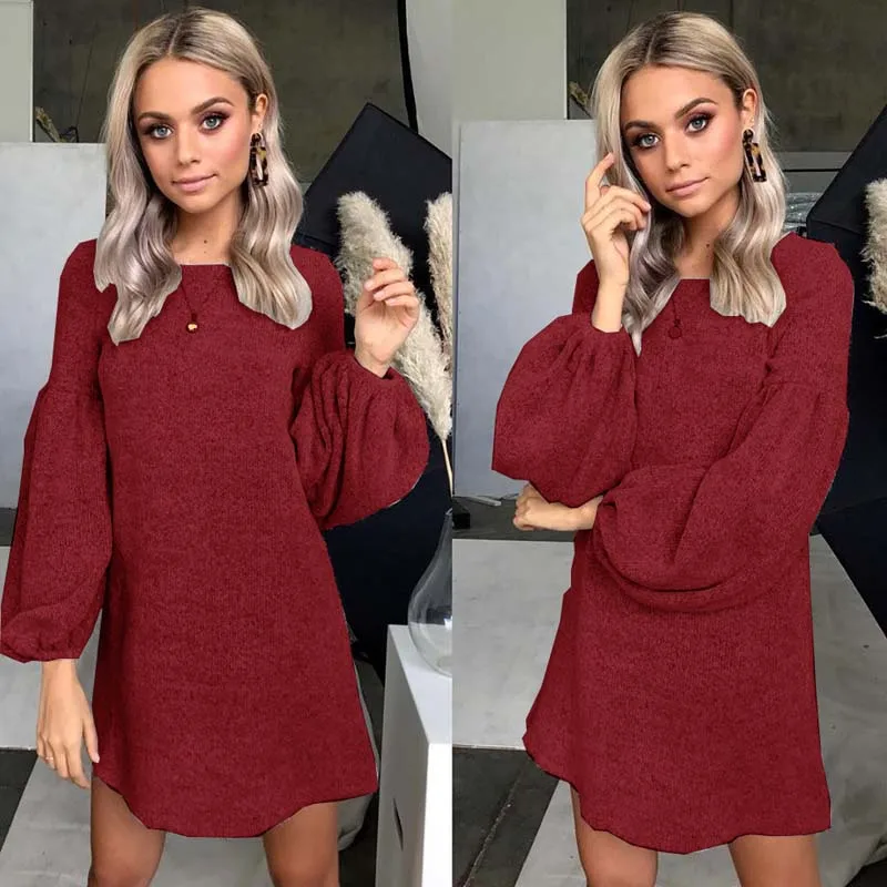 

Venlilulu 2019 Spring Sweater Dress Women Loose Long Dresses Women Midi Female Casual Lantern Sleeve Knitted Dresses Vestidos
