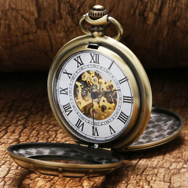 Luxury Bronze Double Full Hunter Hollow Case With Glass & Roman Number Dial Skel Luxury Bronze Double Full Hunter Hollow Case With Glass & Roman Number Dial Skel