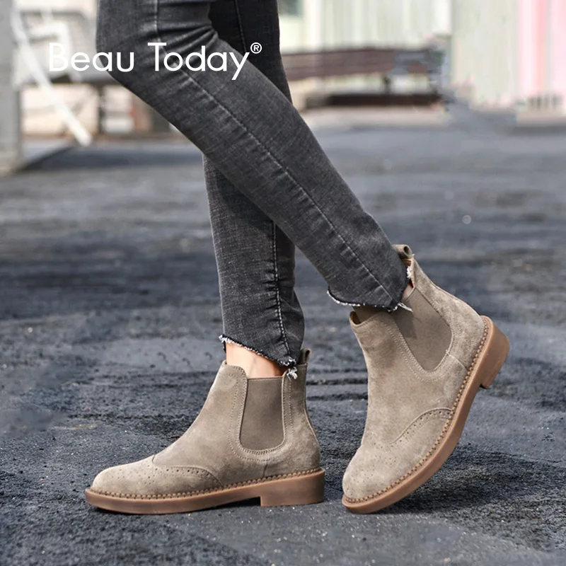 Comprar BeauToday botas Chelsea mujer elástico tobillo cerdo gamuza Brogue botas cuero genuino calidad marca señora zapatos hechos a mano 04016