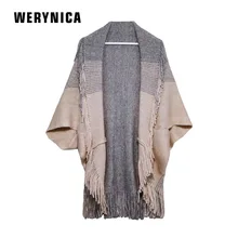 Werynica2018 осень новая женская мода градиент полосы свободные кисточкой шаль свитер дамы пальто золотой шелк рукав летучая мышь свитер