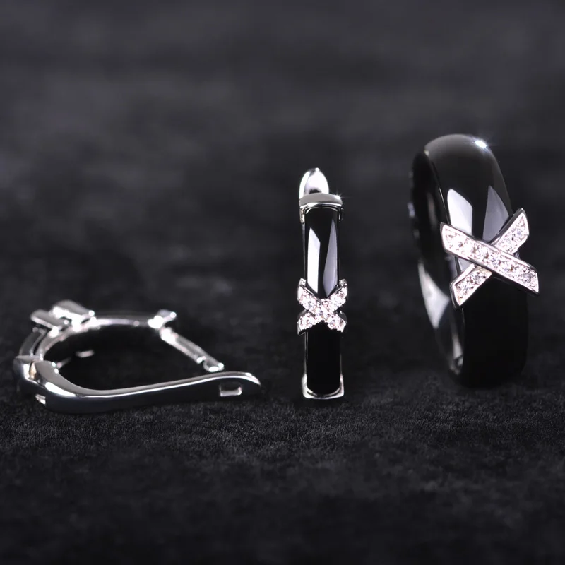 

Madrry Bright Ceramic Earrings Rings Set For Women Men Letter X Shape Copper Brincos Zirconia Aneis Keramik Wedding Jewelry Set