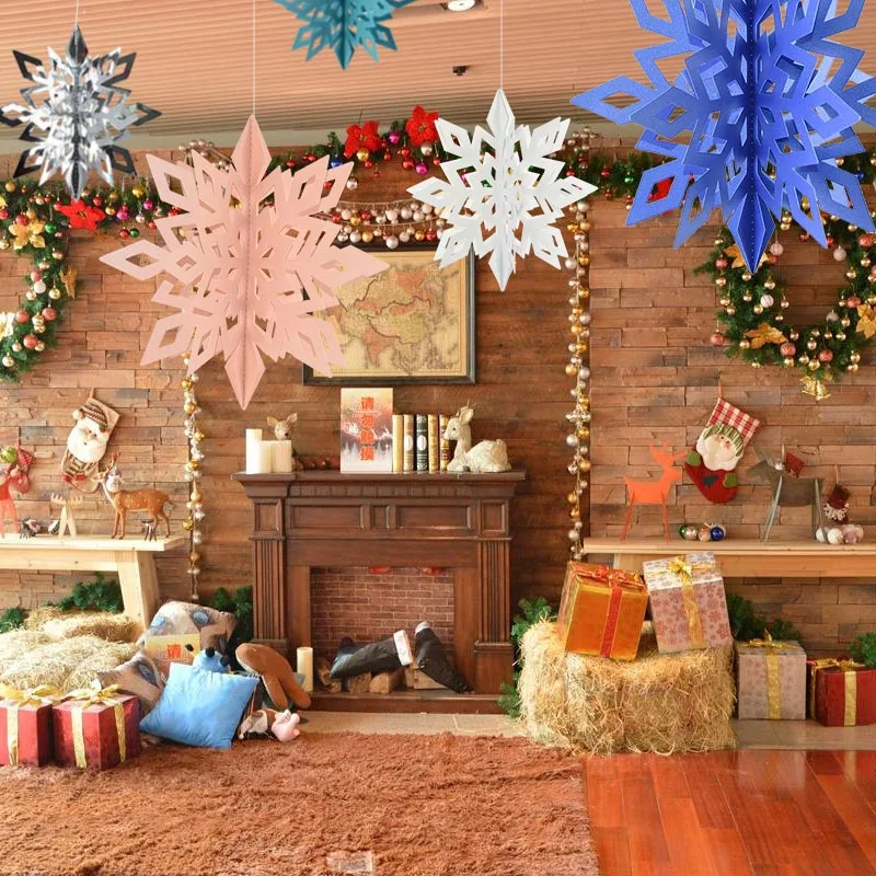 White Silver 3D Hollow Snowflake Paper Garland Wall Hanging Banner For Winter Wedding Christmas Home New Year Xmas Decoration