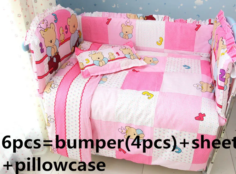 

Discount! 6pcs 100% cotton baby bedding set unpick and wash the crib piece set ,include(bumper+sheet+pillowcase)