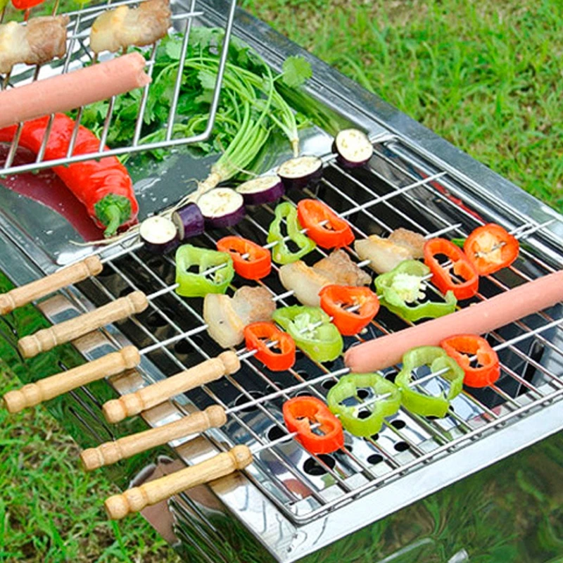 6Pcs BBQ Skewers Stainless Steel Barbecue Grill Needle Wooden Handle Fork dly3-4