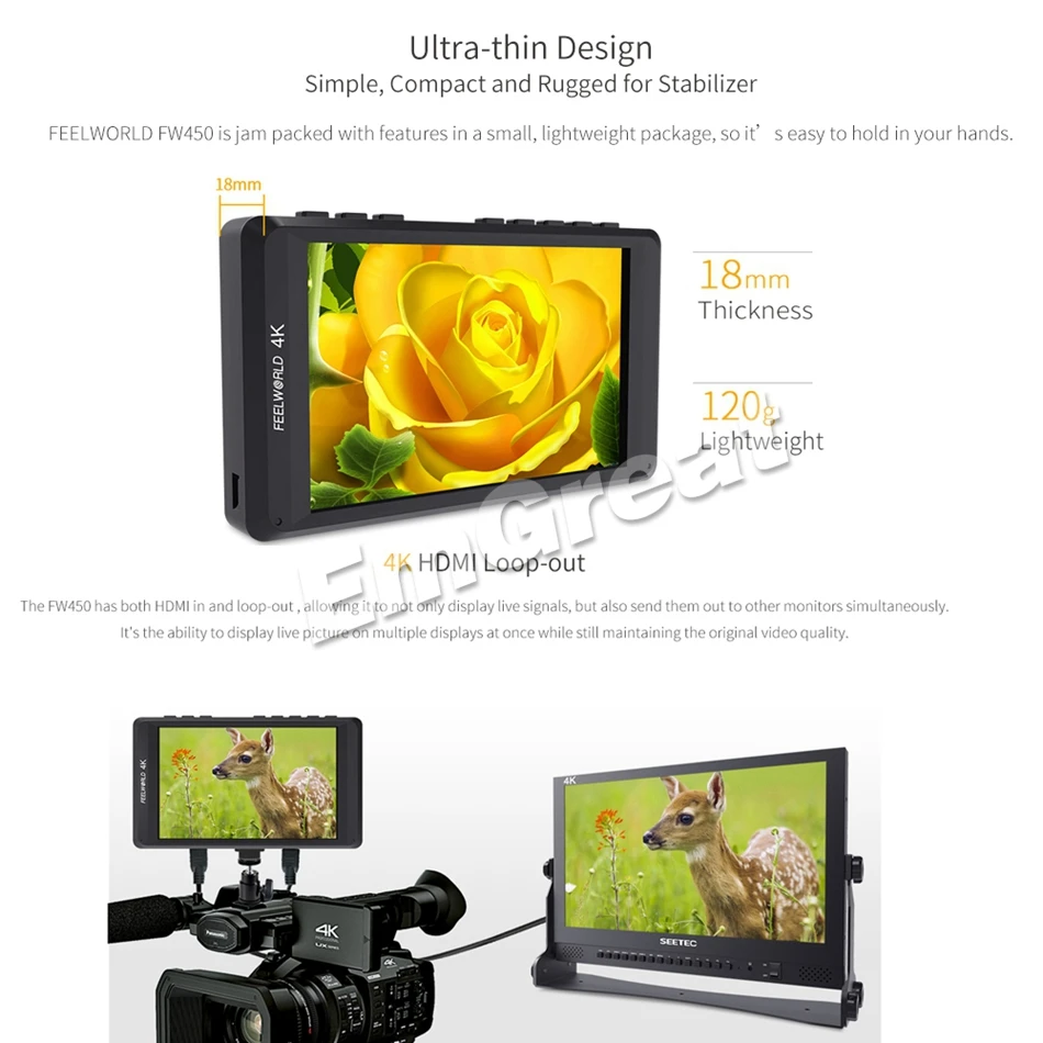 Feelworld FW450 4 5 дюймов IPS 4K HDMI на камере полевой монитор 1280x800 HD портативный ЖК для