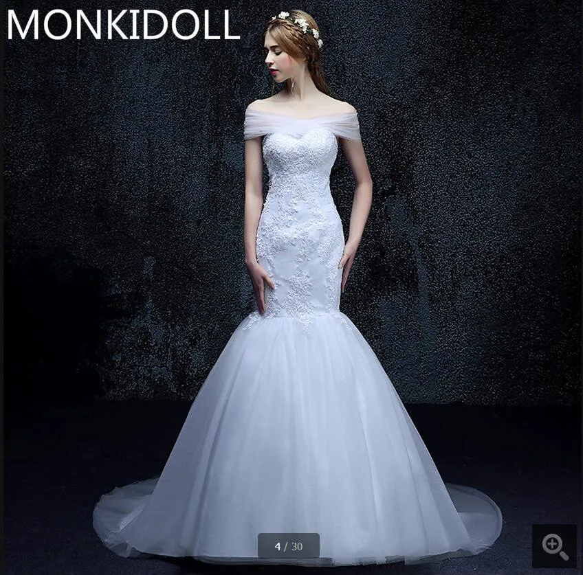 

Vestido De Festa mermaid white lace pearls cheap wedding dresses off the shoulder sexy appliques sheer back bride dress
