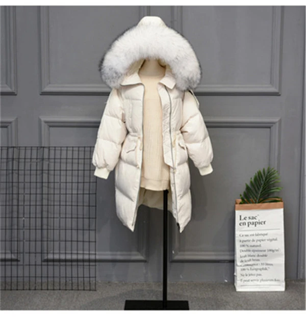 Зимняя женская белая куртка на утином пуху, теплая Большая куртка с воротником из натурального меха, с капюшоном, толстая длинная пуховая парка, пальто, Женская одежда оверсайз SF1060 - Цвет: Beige White Fur
