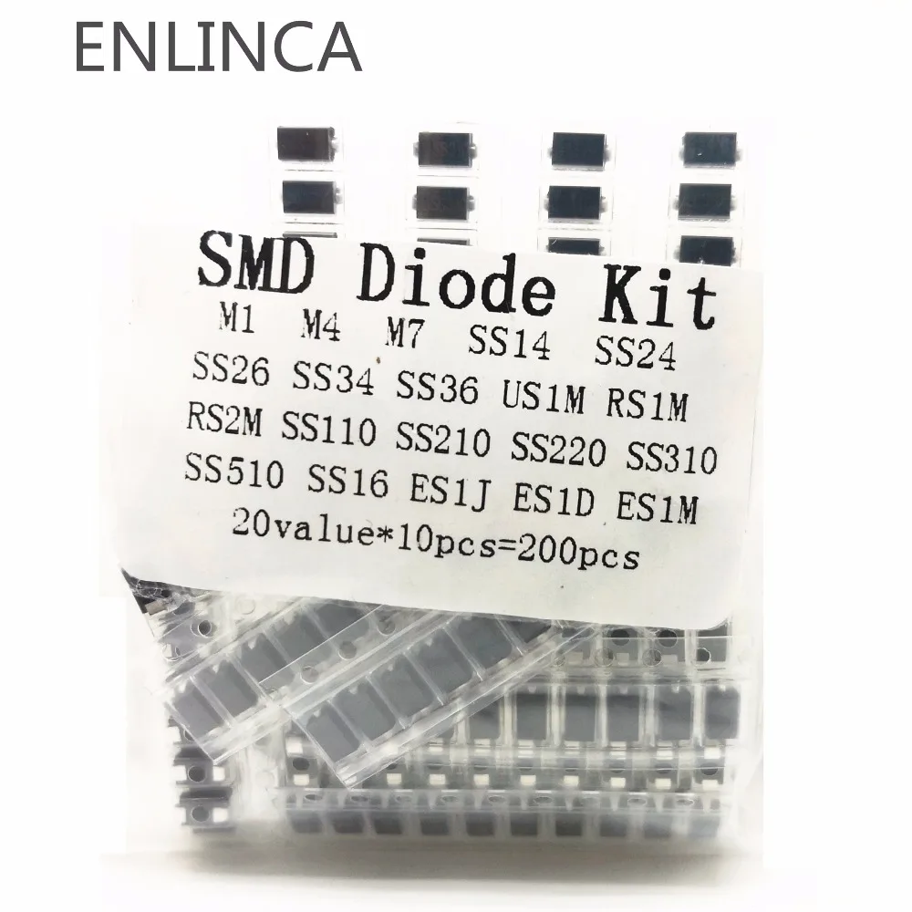 

200pcs/lot SMD diode Assorted Kit 20 values*10PCS contains SS110 SS220 SS210 SS310 SS510 SS16 SS26 SS34 SS36 ES1J ES1D ES1M US1M