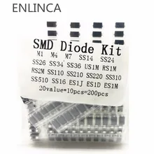 Kit de 20 valores * 10 pçs de diodo 200 pçs/lote smd, contém ss110 ss220 ss210 ss310 ss510 ss16 ss26 ss34 ss36 es1j es1d es1m us1m