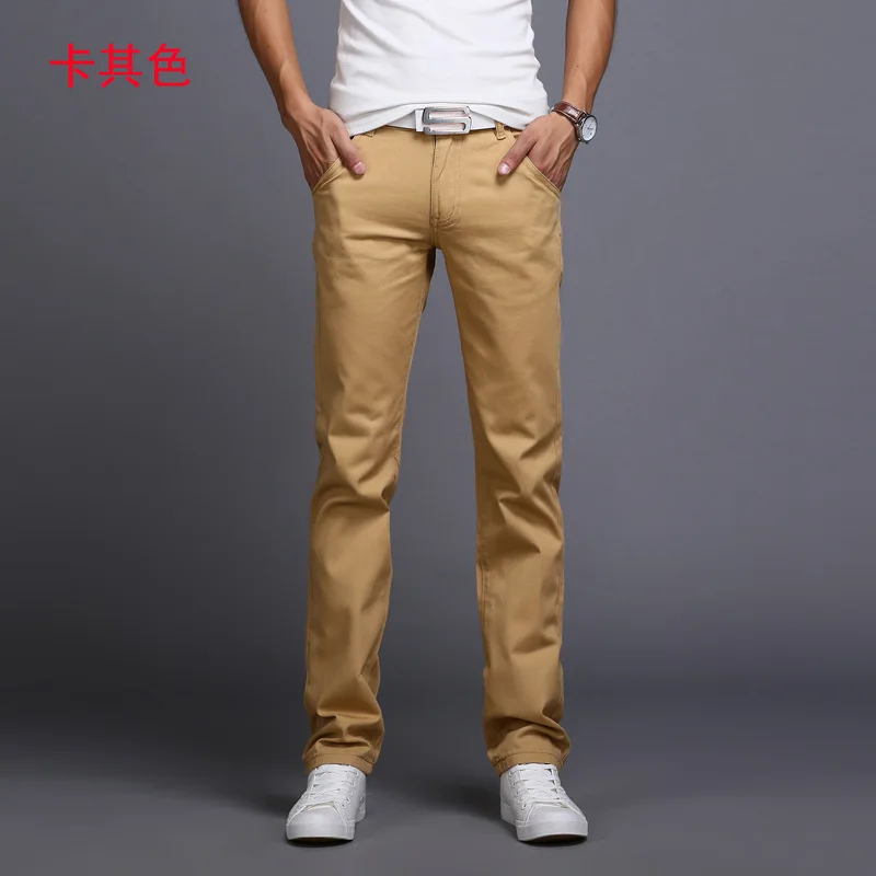 Дизайн повседневные мужские брюки хлопковые тонкие брюки прямые брюки модные деловые однотонные хаки черные брюки мужские 28-38 - Цвет: Хаки