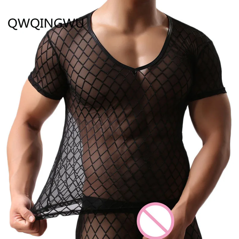 Men Sexy Male See Through Gay Undershirt Underwear Plaid Transparent