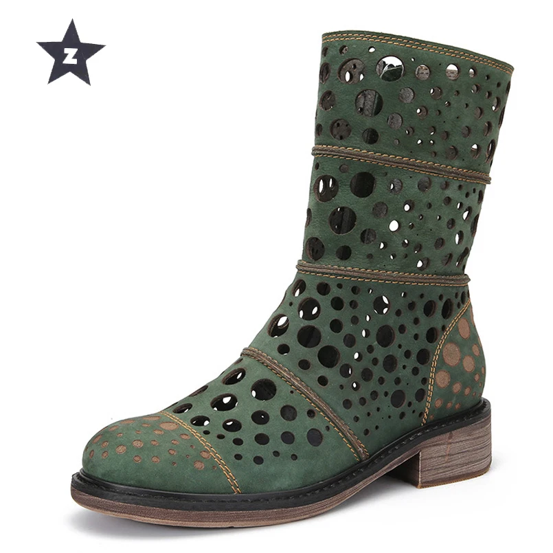 

Z mid-calf boots women leather shoes women sandals retro hole hollow summer sandals female booties zipper low heels women boots