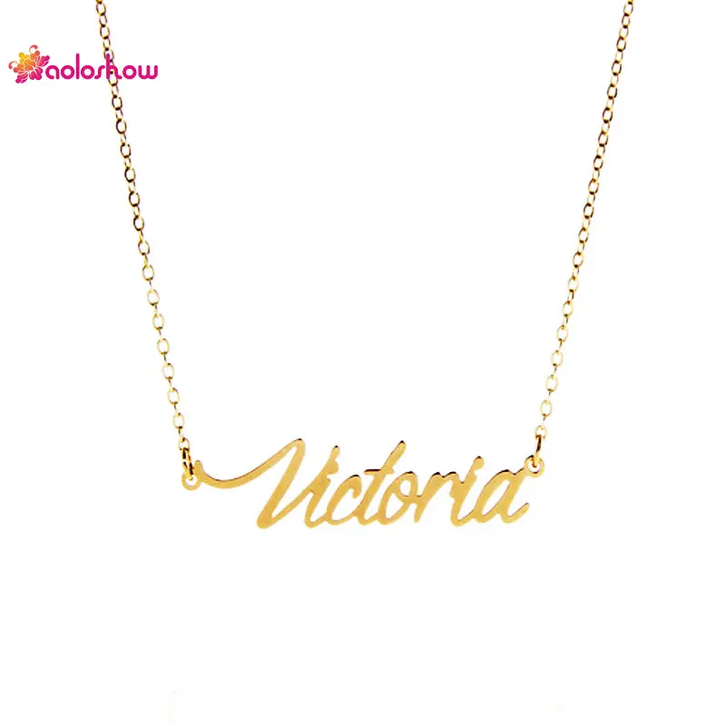 

AOLOSHOW Necklace Women Script Name " Victoria " Gold color Stainless Steel Name Charm Nameplate Necklace Jewelry gift NL-2426