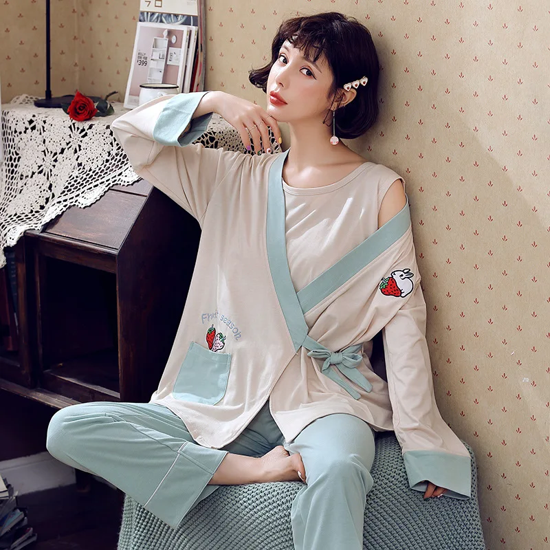 Летние женские комплекты одежды; халат с буквенным принтом клубники+ слинг+ длинные штаны; Комплект из трех предметов; пижамы для беременных