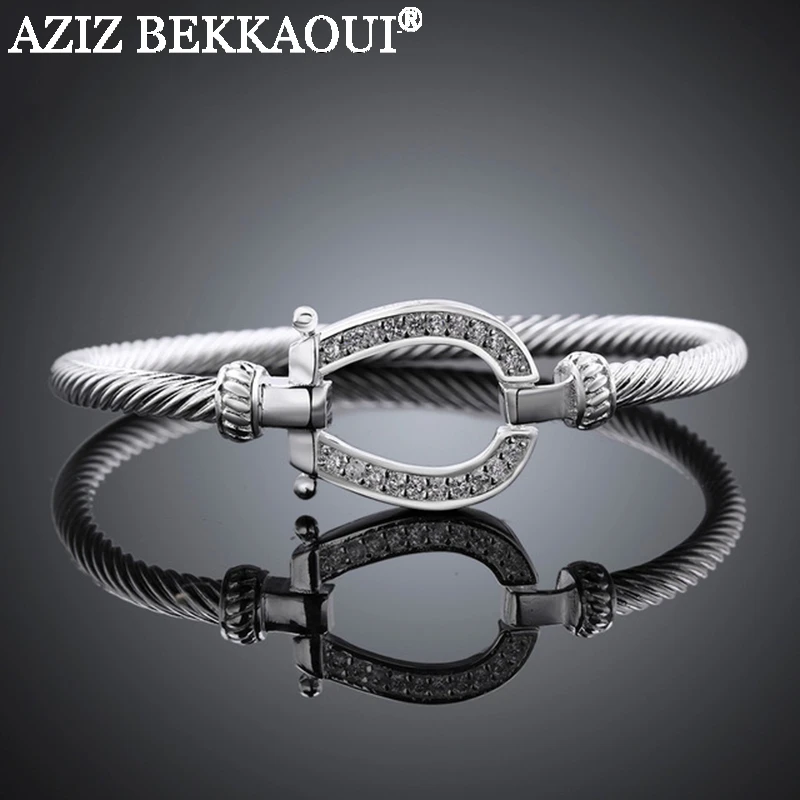 

AZIZ BEKKAOUI rop shipping brand horseshoe bangle silver color bangle opened full clear crystal clasp cuff bracelets for women