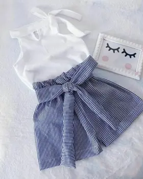 

New Toddler Kids Baby Girls White Tops Striped Shorts Pants 2Pcs Sets Clothes