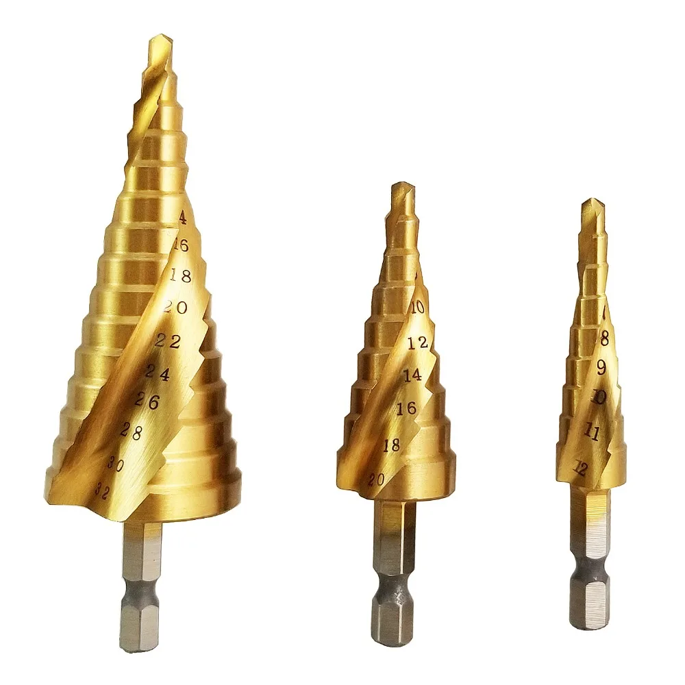 

4-12/4-20/4-32mm 3PCS Taper Point Drill Bits Titanium Coated Spiral Grooved Step Drill Bit Set Hex Shank