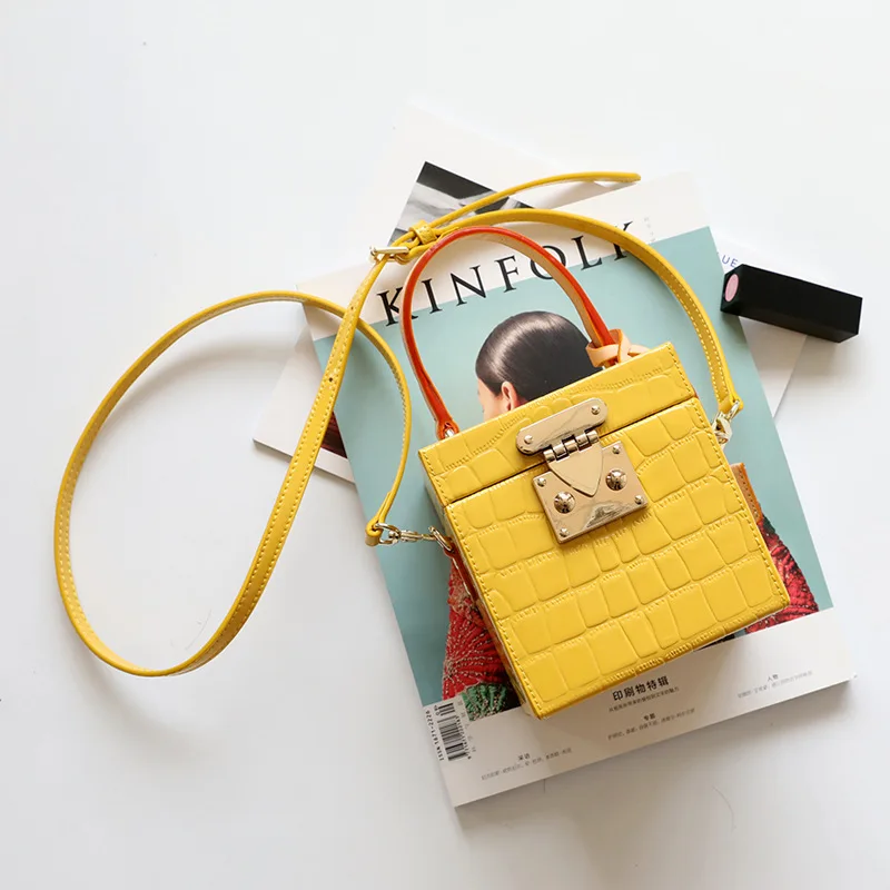 New Mini Hit Color Box Handbag Women Small Square Leather Shoulder Bag Female Candy Color Lock Box Bags - Цвет: yellow