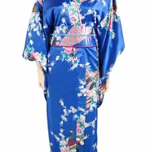 Синее Новое винтажное японское женское шелковое атласное кимоно ropa Mujeres japonesas Yukata платье Peafowl Один размер H0040