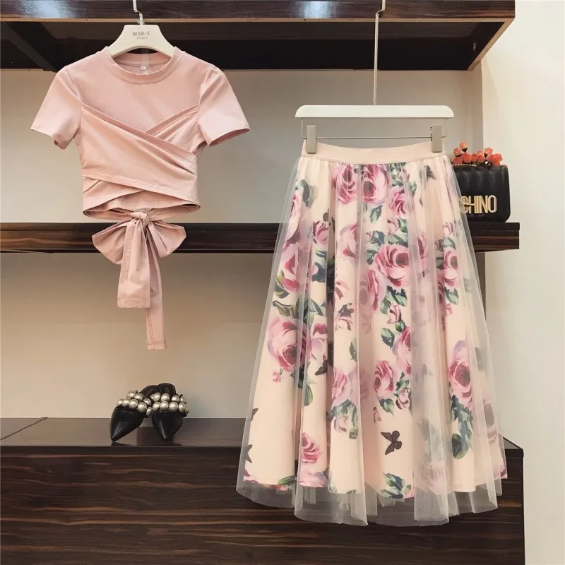 

2019 New Runway Elegant Women Sweet Cross Bowknot Irregular Crop Top T Shirt + Mesh Floral Tulle 2 Piece Set Long Skirts Suits