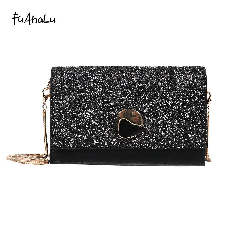

FuAhaLu Fashion Sequin messenger bags for women Lock Chains Minaudiere Korean style Evening bags solid handbag flap