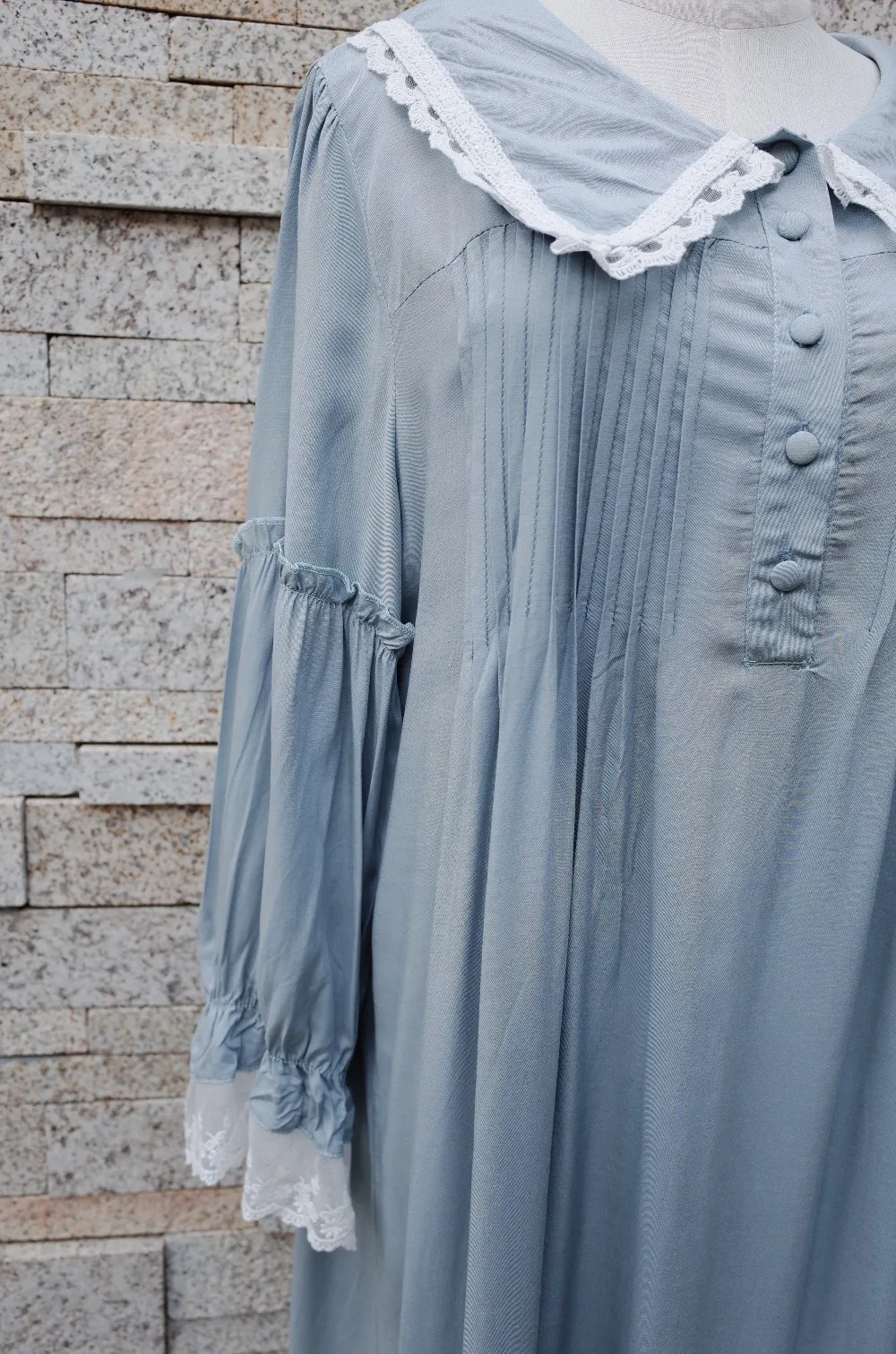 Осень пижамы Для женщин Винтаж ночная рубашка с длинными рукавами и отложным воротником пуговицы спереди рюшами ночной платье плюс