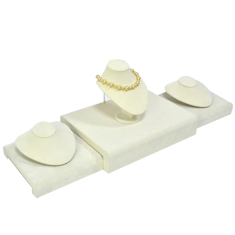 

New Arrival Fashion Pearl Jewelry Display Counter Showcase Beige Velvet Fine Jewellery Stand Holder with One Neck Bust