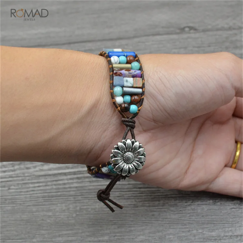 

Romad Boho Bracelets For Women Natural Stone Single Leather Wrap Bracelet Femme Beaded Cuff Bracelet Bohemian Jewelry armband W3